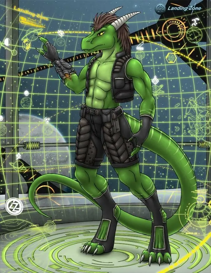 A green bipedal dragon interacting with a 3d holographic display around him displaying astrometrics data.