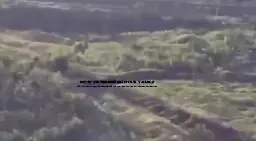 Russian T-90M drives off a cliff, then is destroyed by an FPV drone.