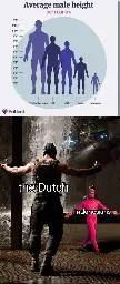 Chart showing average height, but incorrectly scales the entire person instead of just the height, with the Netherlands as the tallest and Indonesians as the shortest. Bottom image is the Bane vs. Pink guy meme showing Bane as the Dutch and Pink guy as the Indonesians. 