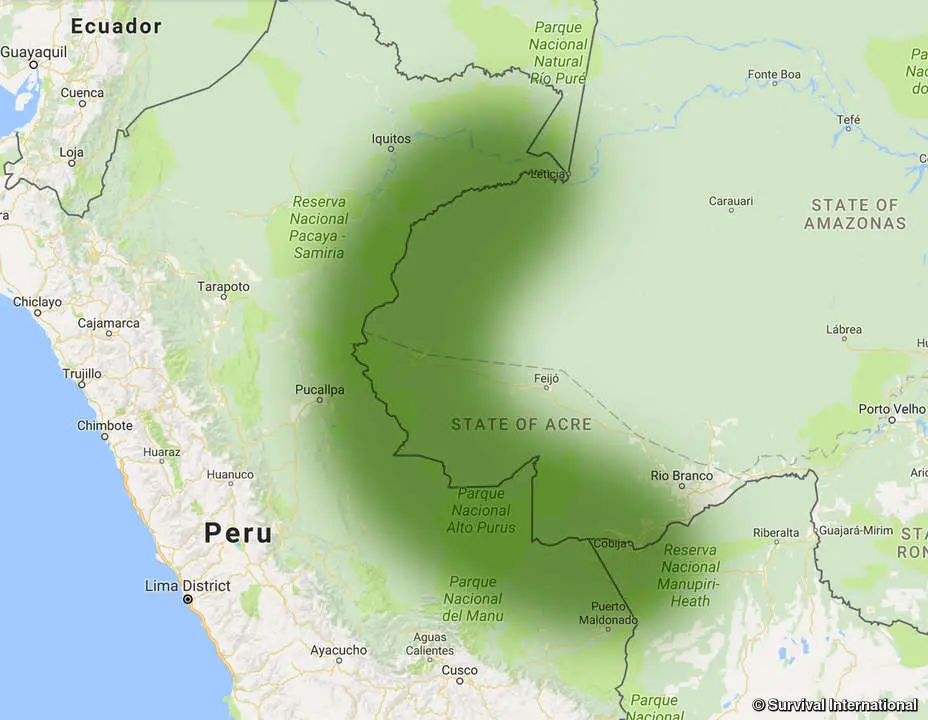 Map of a region straddling the borders of Peru, Brazil and Bolivia