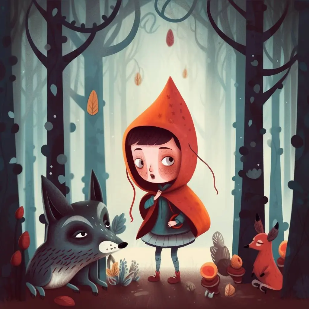 a stylized illustration of a girl wearing a red hat in a forest with a wolf next to her and a squirrel on the other side