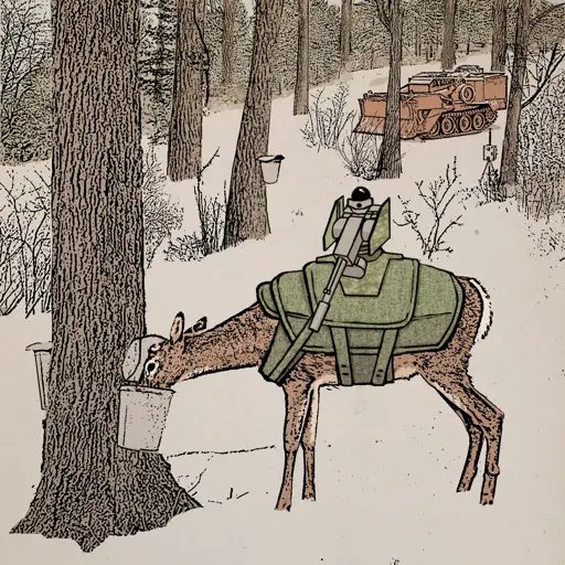 A late winter/early spring scene, of a deer drinking from a maple sap bucket in the early morning. The deer is wearing a sort of green kevlar body armor, and has a robotic gun turret perched on his back. He's recently dropped his antlers (which is normal in this season). The deer and robot are in a somewhat open section of the forest, with snow on the ground. In the background, an old M9 Armored Combat Earthmover is parked, rusting, covered with a fine dusting of snow. There's also an old dusttrak environmental air monitors on a tripod next to a tree. 