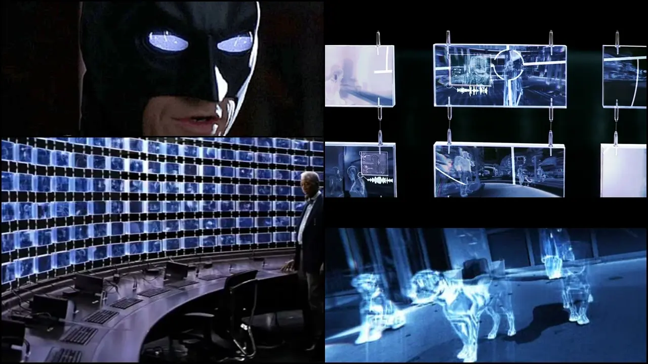 collage of images from batman dark knight related to sonar scenes: 1=batman pouting with glazed eyes looking through sonar, 2=closeup of a few screens, 3=closeup of one screen, 4=morgan freeman at the control console screens, looking disappointed