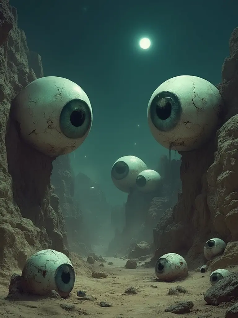 The image depicts a surreal scene set within a narrow canyon with towering walls on either side, shrouded in a misty haze under a dimly lit sky where a faint moon is visible. Scattered throughout the landscape are several large, spherical objects resembling eyeballs of varying sizes, with prominent iris and pupil details.