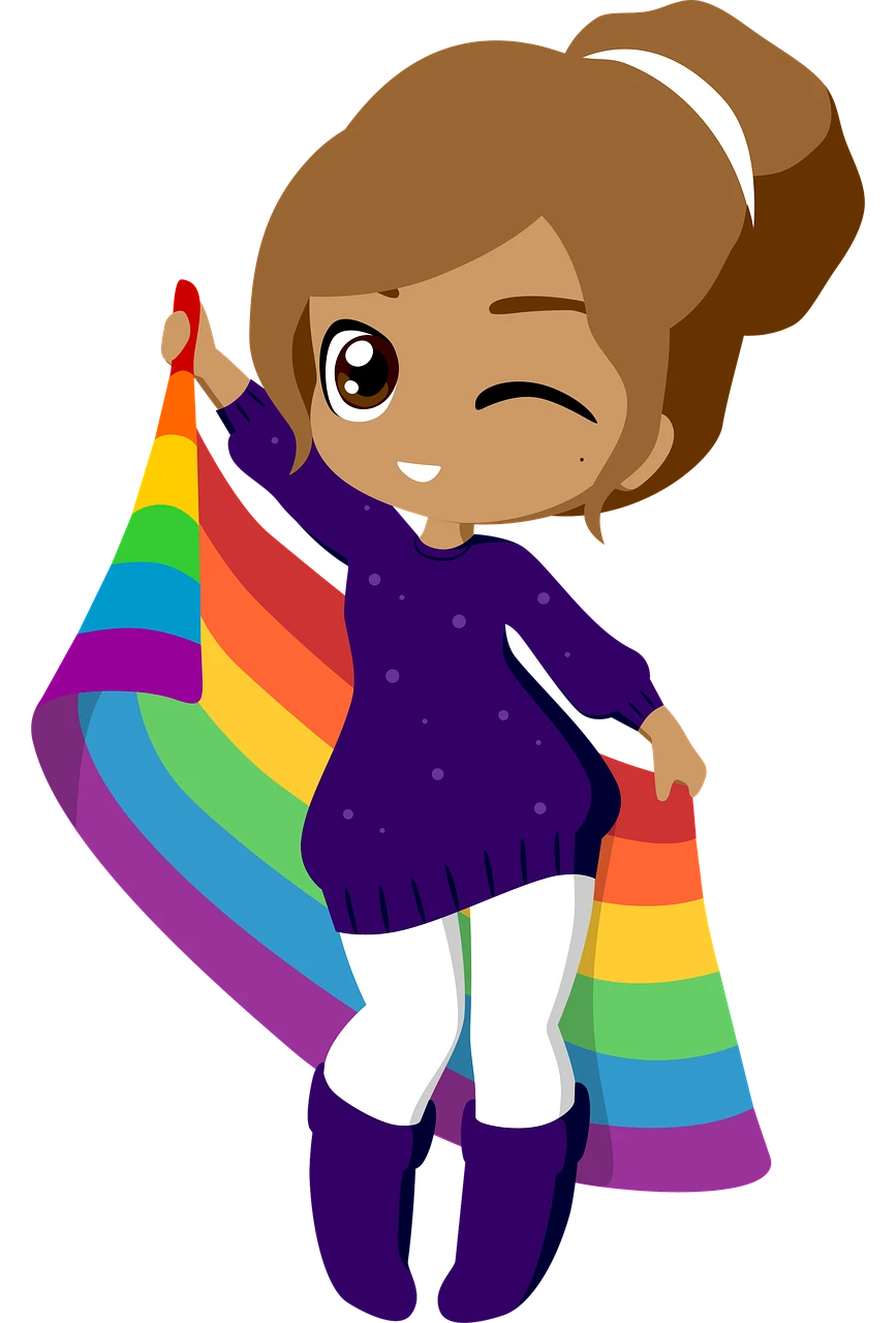 illustration of a girl wearing a dark people pullover with tights and dark purple boots. She is holding a large pride flag behind her back. She looks very comfortable with herself and looks very lovely.