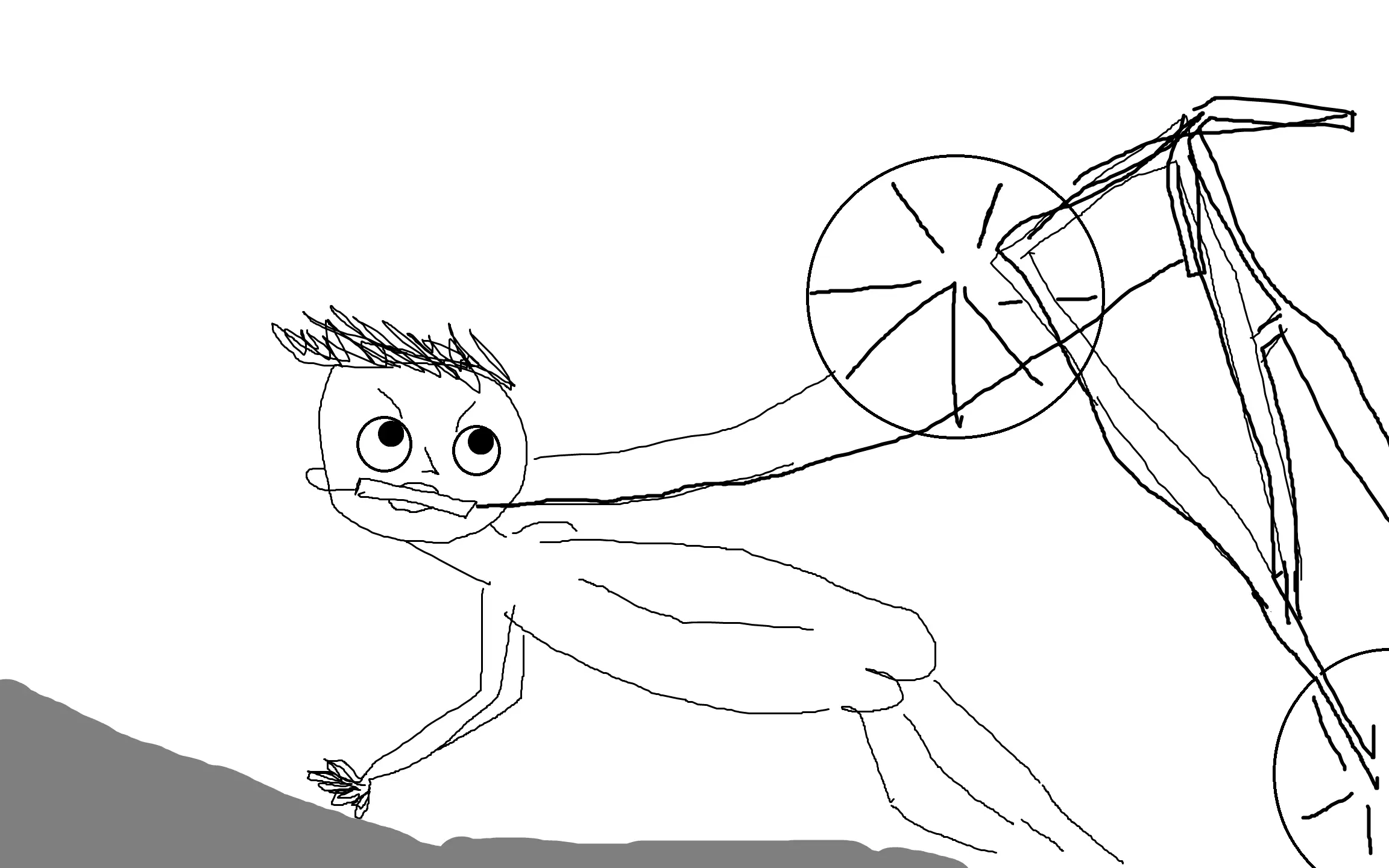 Bad drawing of a bicycle riding a human like a horse