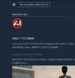 No To AI icon in the Feature section of the Robot Anomaly Steam page.
