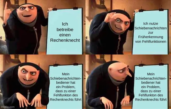 Grus-Plan-Vorlage mit Bild 1: Ich betreibe einen Rechenknecht, Bild 2: Ich nutze Schiebenachrichten zur Früherkennung von Fehlfunktionen, Bild 3 & 4: Mein Schiebenachrichten- bediener hat ein Problem, dass zu einer Fehlfunkton des Rechenknechts führt