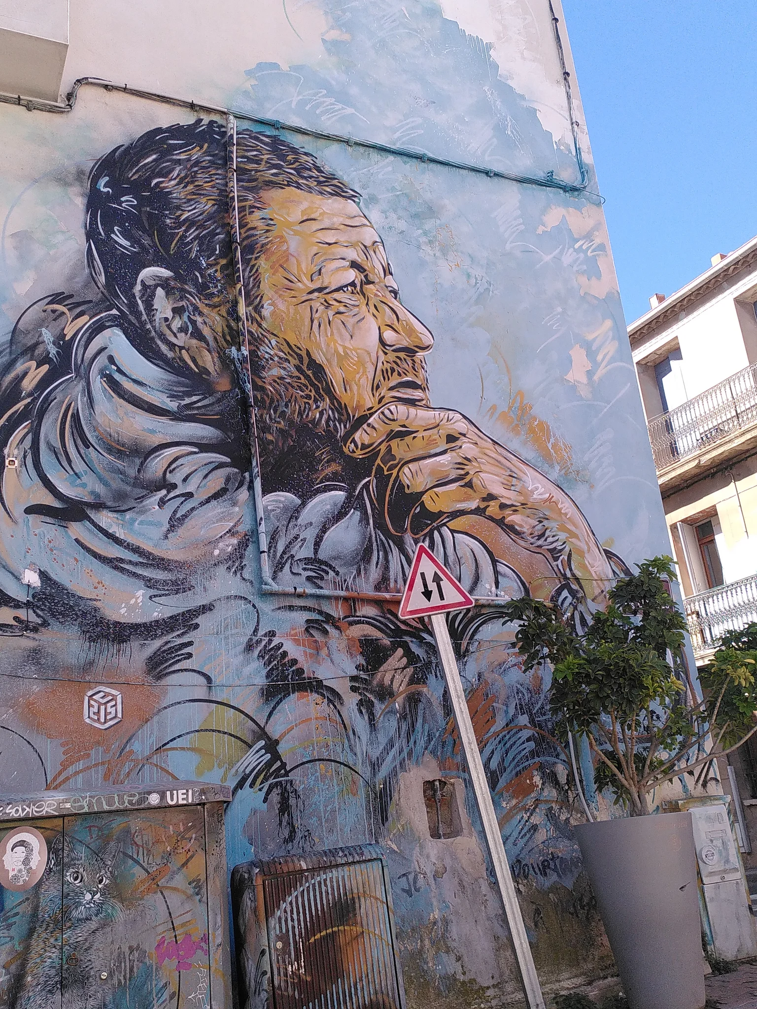 Graphitis sur une maison.
Elle représente un homme vétu d'un sweat bleu, pensif, se grattant le menton.