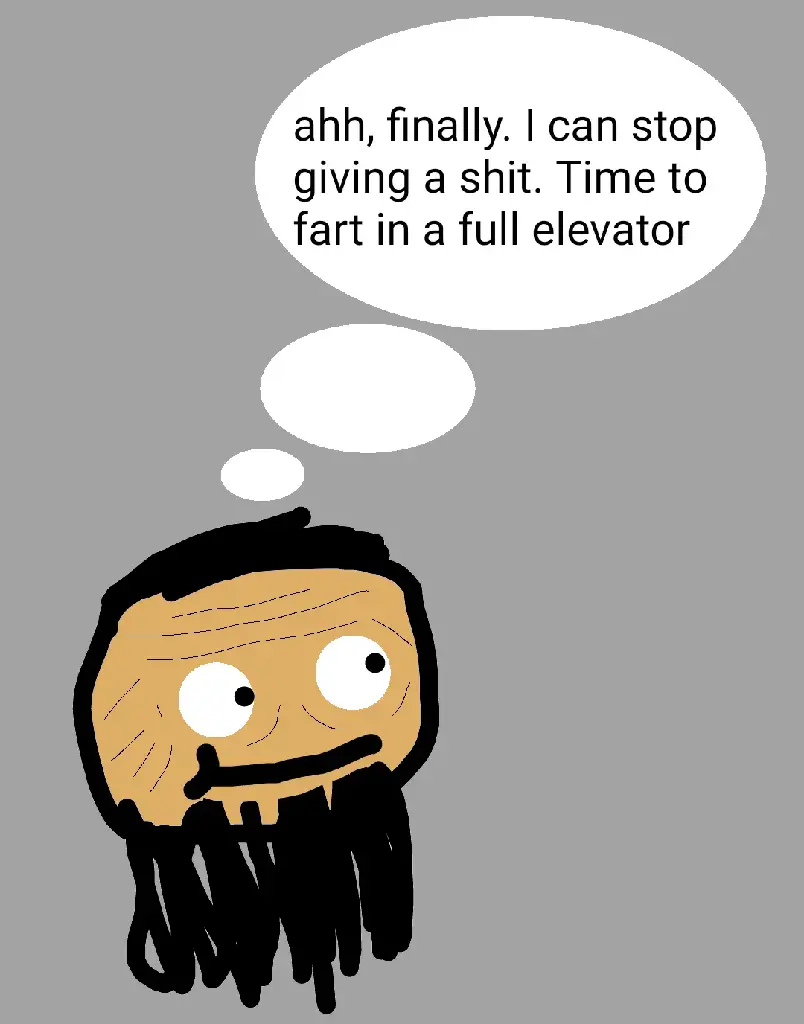 Old man thinking about farting in a full elevator