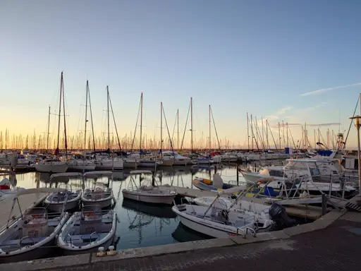 Photo classique du port. Au 1/2 on a un ciel bleu avec le filet orangé du matin.

Au 1/2 on a un port avec plus de 20 petit bateau à voile de couleur blanche.