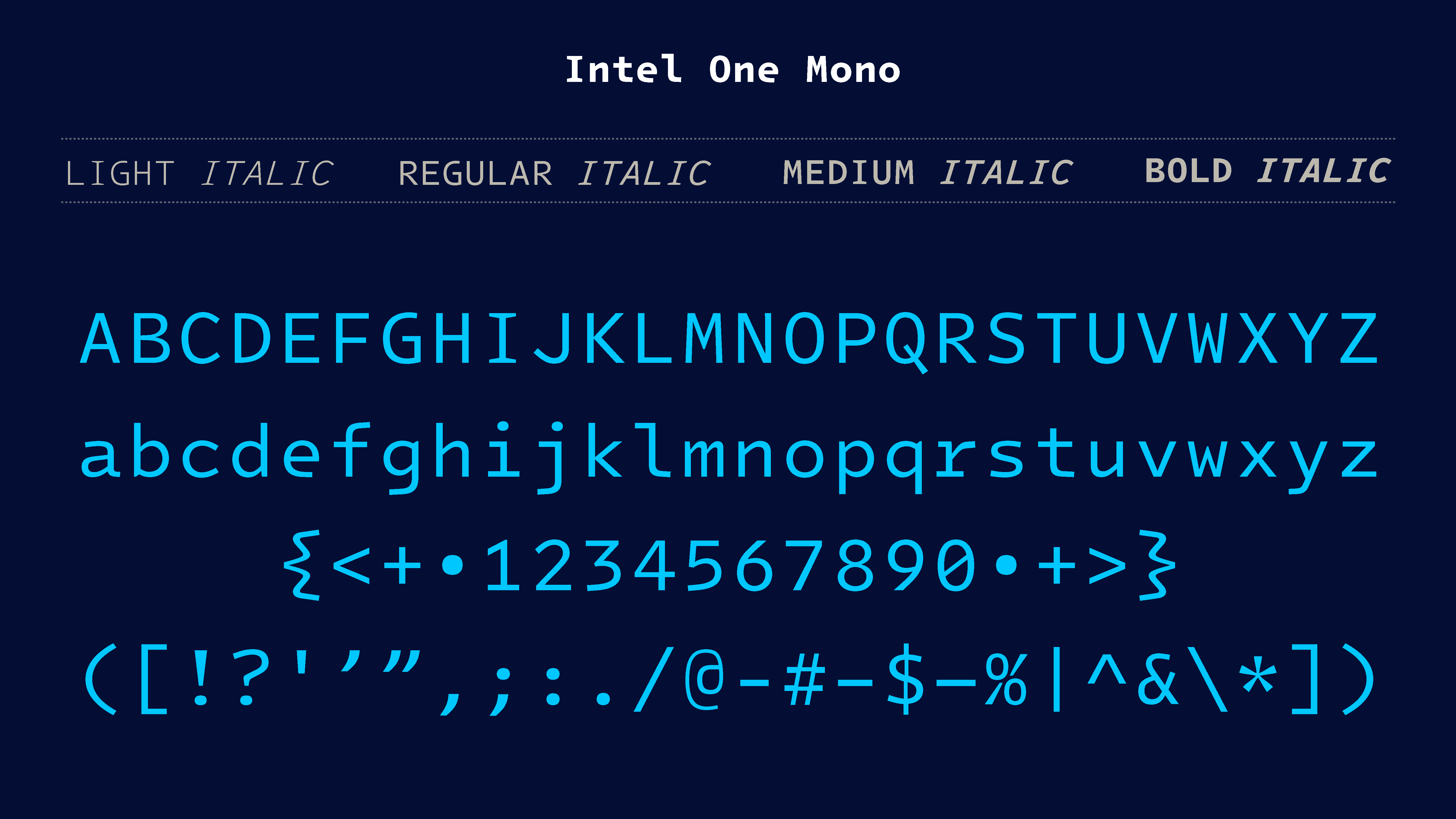 A demonstrative picture of the One Mono font, showing several characters written in the font.