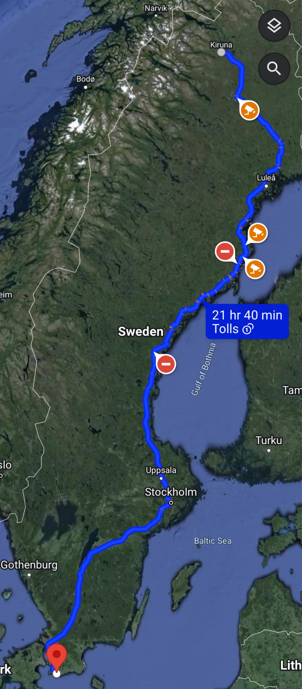 Map of Sweden showing path from Kiruna to Trelleborg with the text 21 hours and 40 minutes
