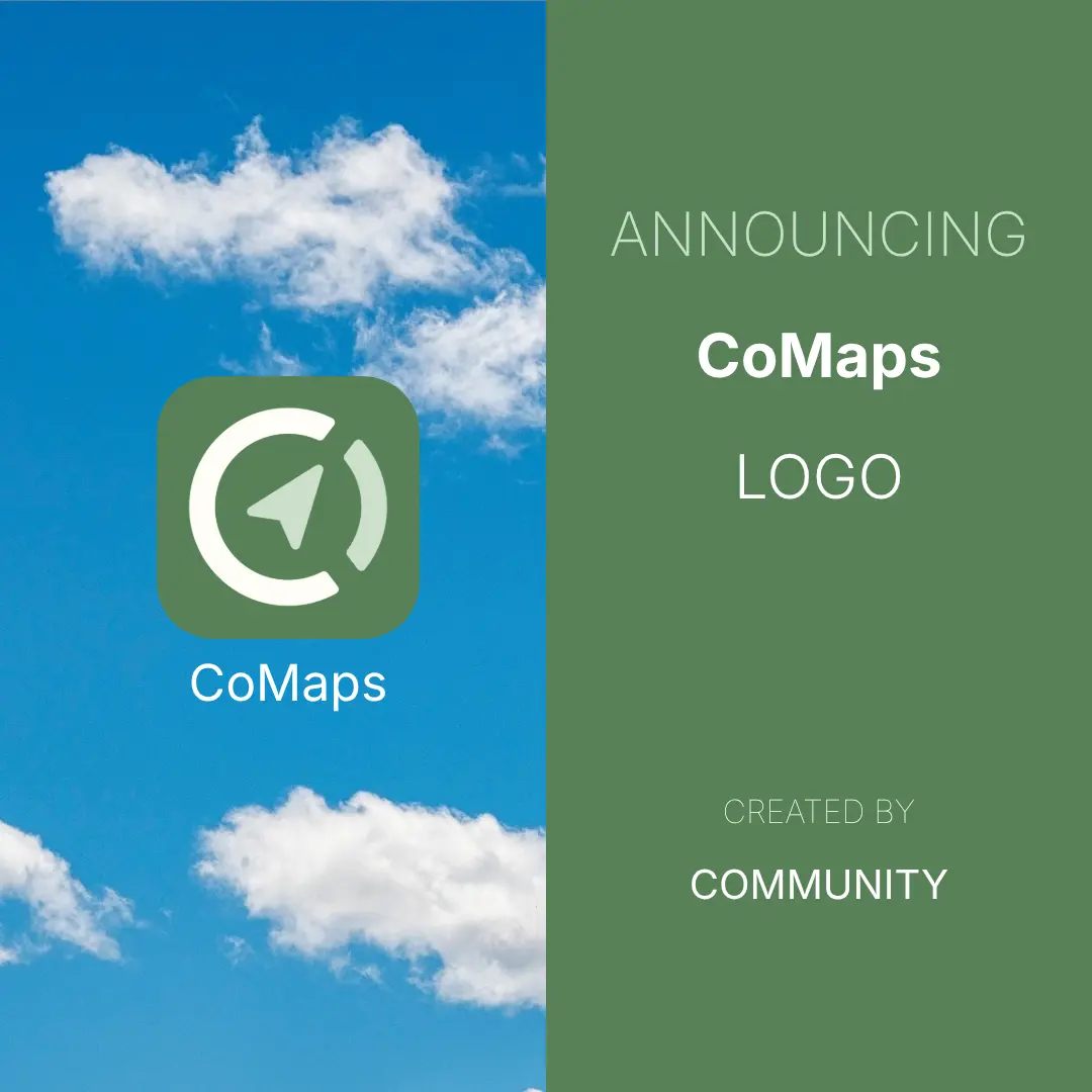 Graphic saying "announcing CoMaps logo created by community", with the new logo, a broken circle in the shape of an overlapped "C" and "O," with a navigational arrow in the center, on an olive green background.