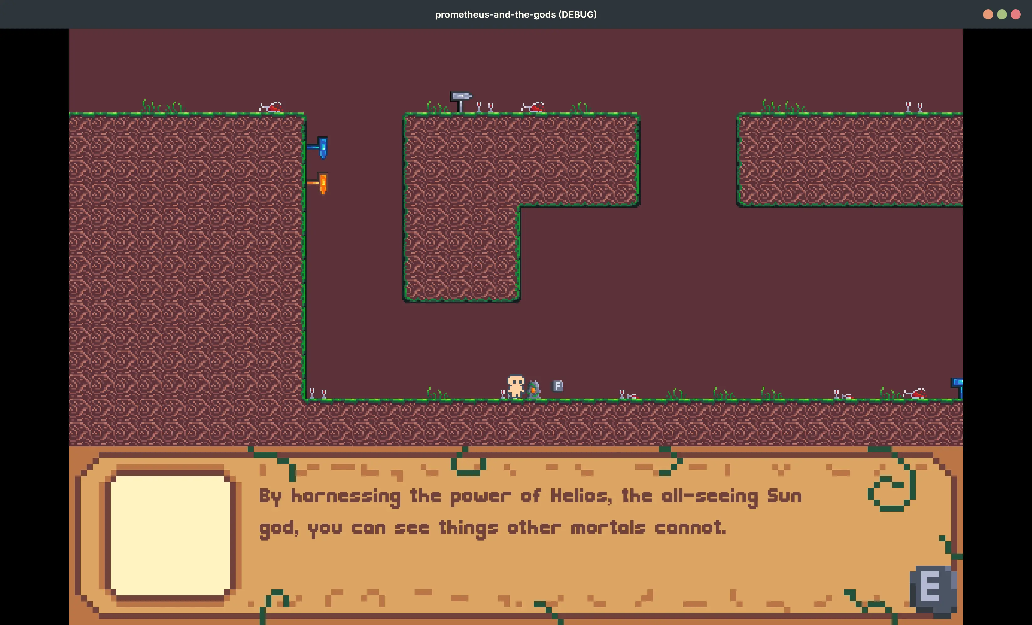 Player is interacting with a rock covered in vines with an orange core. Dialogue box reads: "By harnessing the power of Helios, the all-seeing Sun god, you can see things other mortals cannot"
