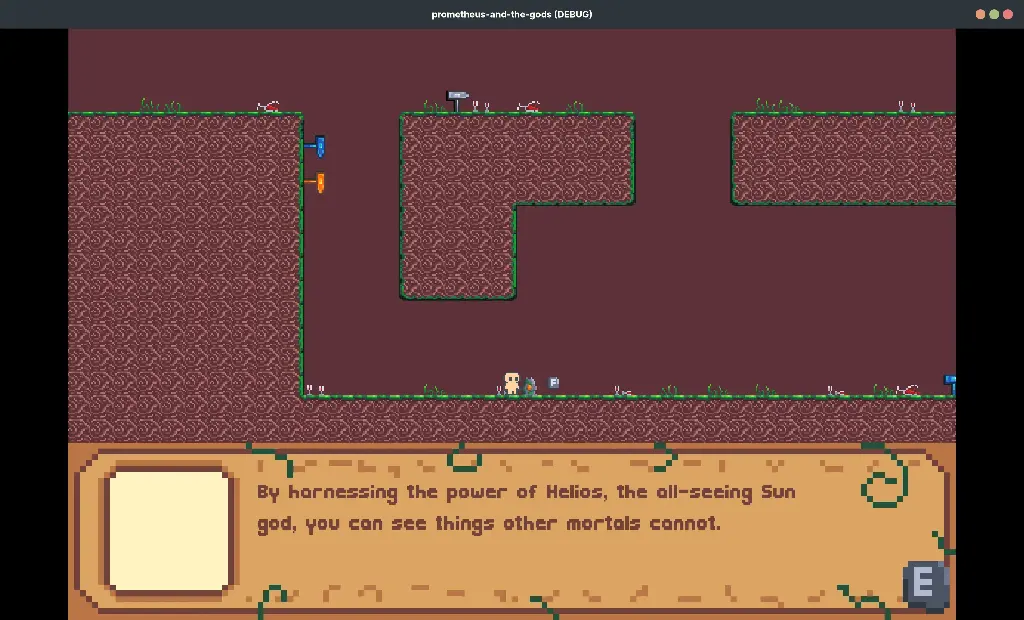 Player is interacting with a rock covered in vines with an orange core. Dialogue box reads: &quot;By harnessing the power of Helios, the all-seeing Sun god, you can see things other mortals cannot&quot;