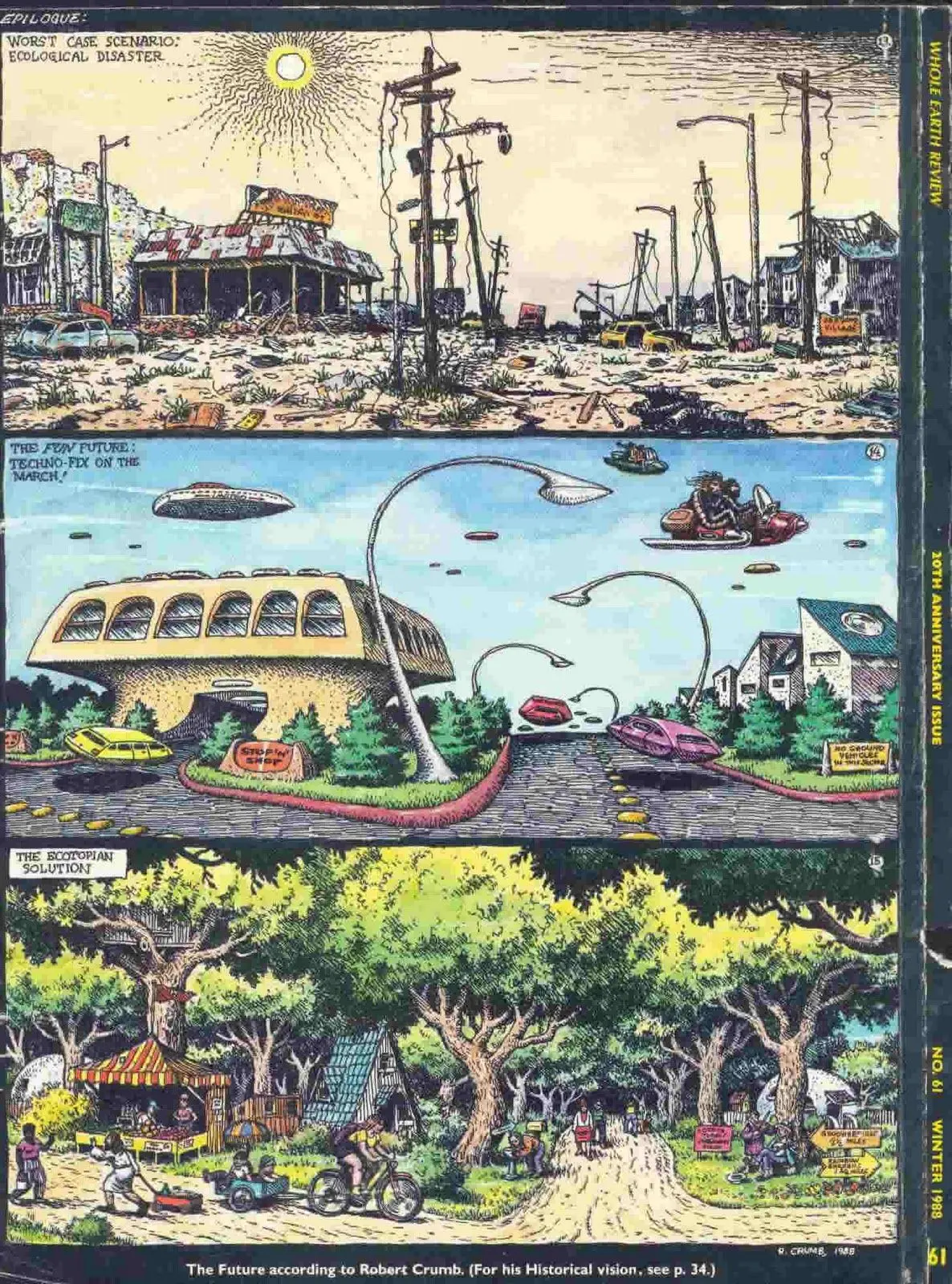 Three panels of the future of America by Robert Crumb. First one titled "Worst Case Scenario: Ecological Disaster" shows a destroyed American suburban scene. The second one is titled "The Fun Future: Techno-Fix On The March" showing a jetsons style streetscape. Thr third one titled "The Ectopian Solution" shows small colorful houses of different styles in a forest with people cycling and walking on dirt roads.