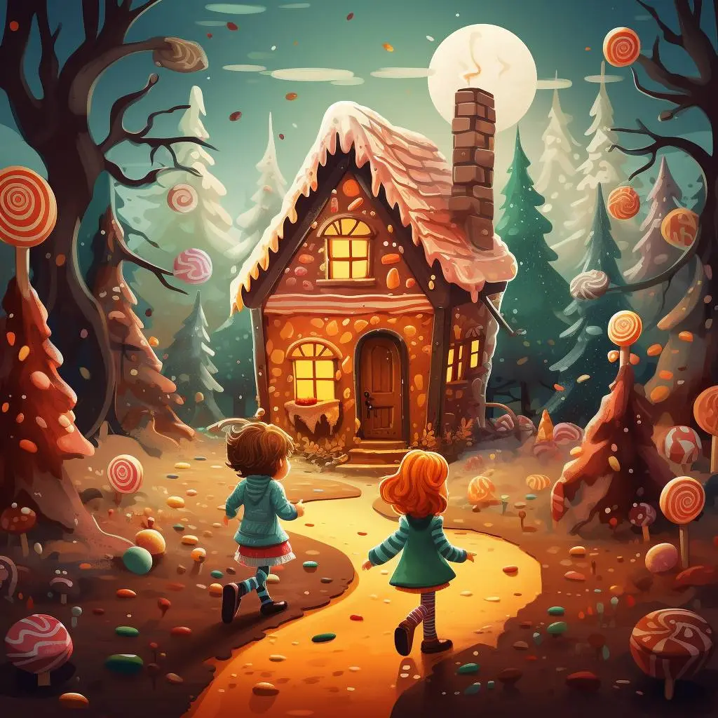 two children running toward a gingerbread house, candy trees