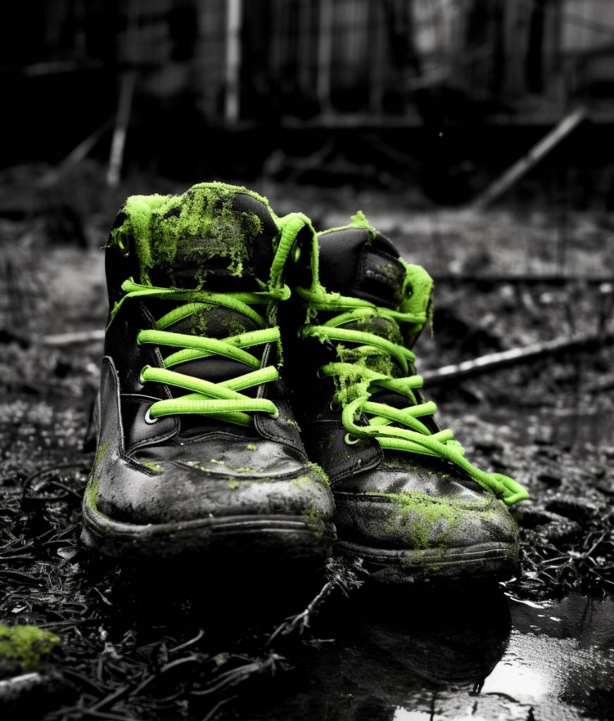 old black and white shoes with green shoelaces