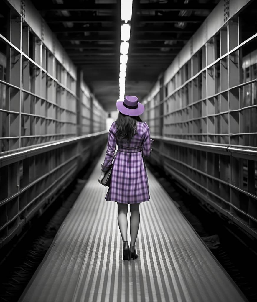 a woman viewed from the back in a purple jacket, standing in a long grayscale hallway