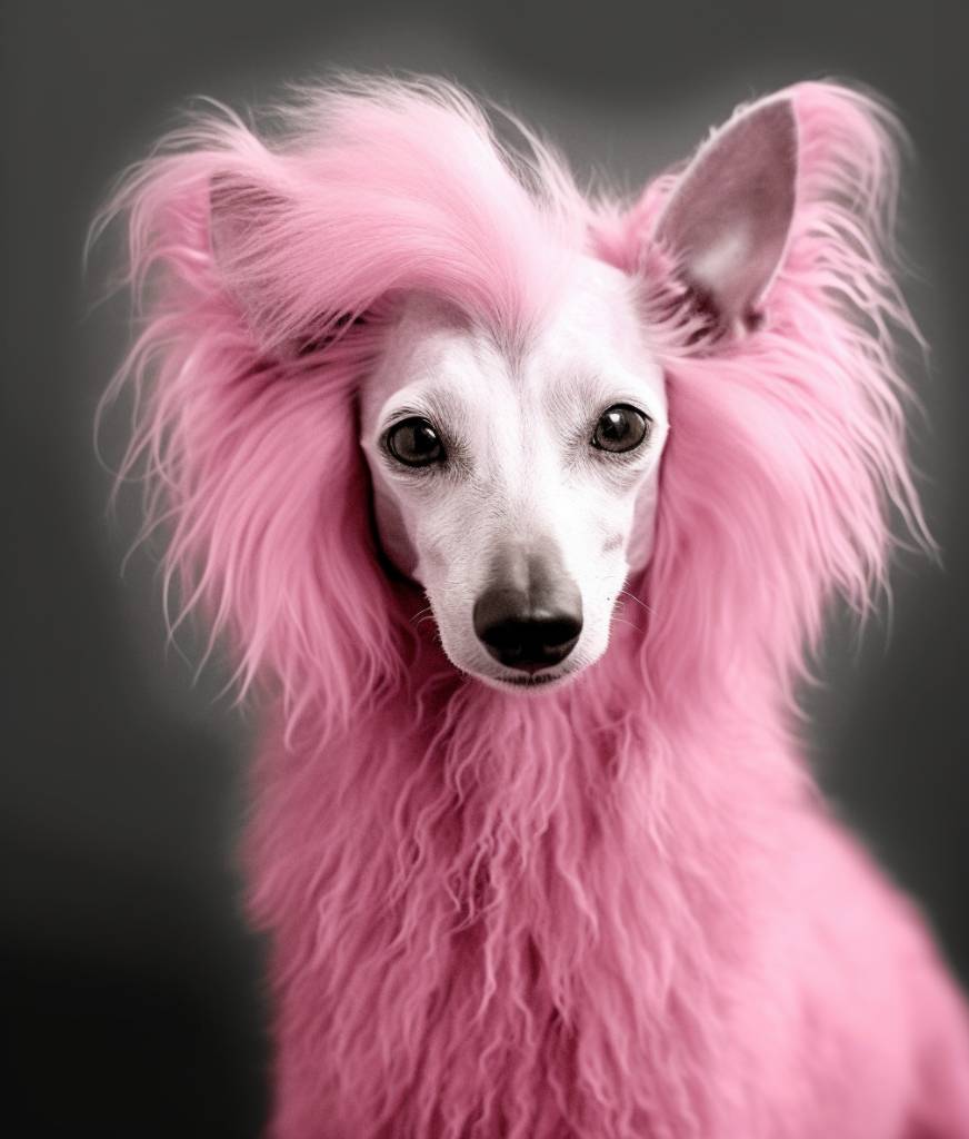 a delicate dog with fluffy hair that's pink ar the ends
