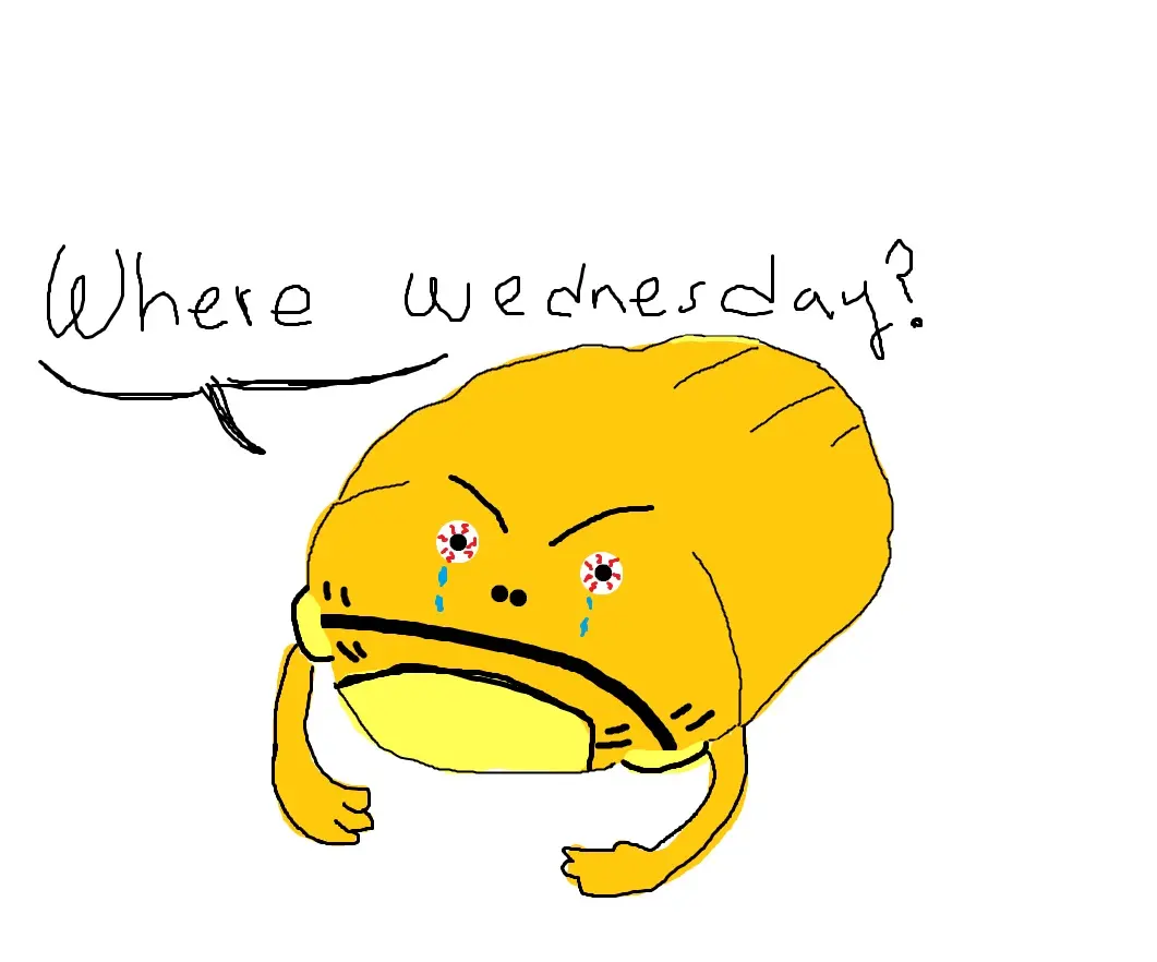 Doodle of a disappointed, angry, and crying "it's wednesday my dudes" frog