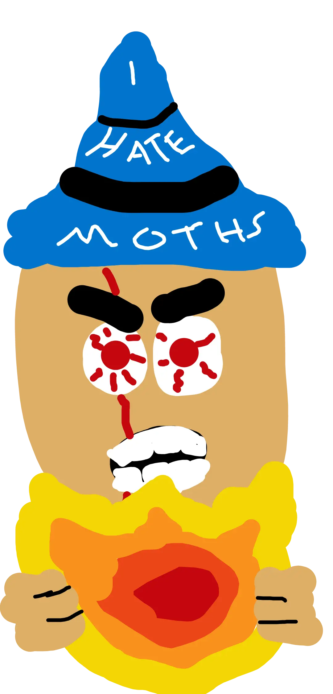 Close-up of an angry wizard holding a fireball. Wizard has bloody eyes and a scar spanning the full height of the face. The wizard's hat reads: "I hate moths"