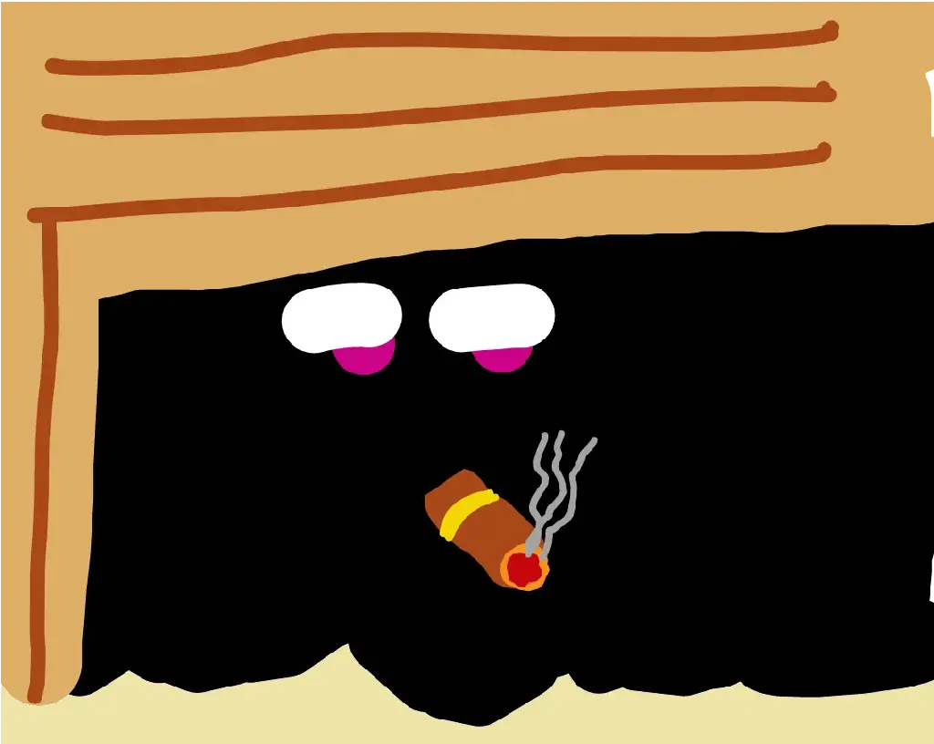 A black blob smoking a cigar under a bed, looking bored or tired
