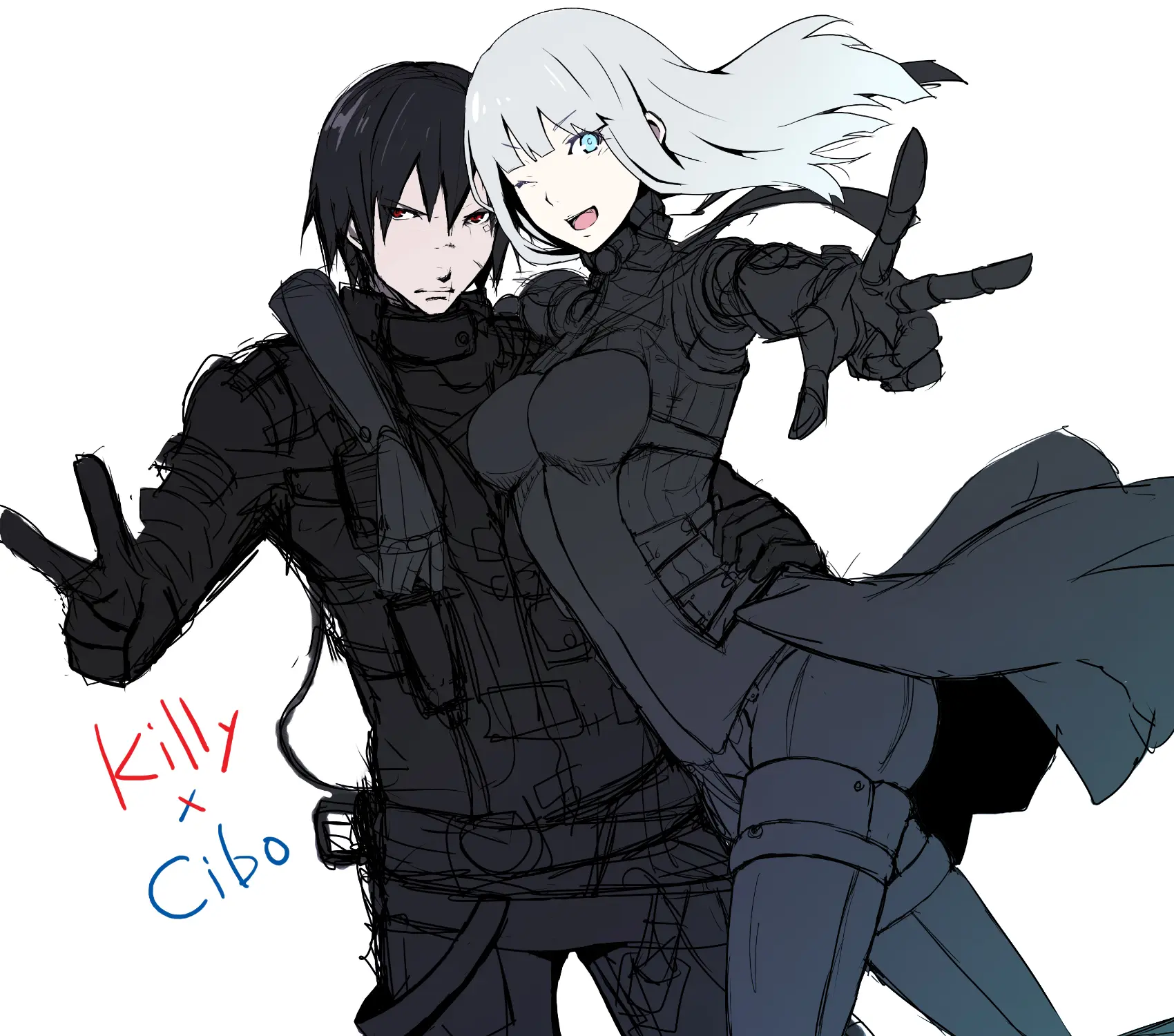 A drawing of a smiling Cibo leaning on Killy while both do V signs with their hands. Text reads "Killy x Cibo".