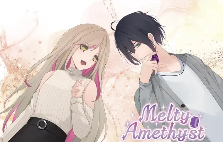 Melty Amethyst Key Visual showing the protagonist Hotaru and her love interest Nao, smiling at each other. Nao has an amethyst jewel in his hand.