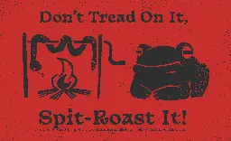 Top text - Don't Tread On It, A picture of frog roasting a rattlesnake. Bottom Text - Spit-Roast It!