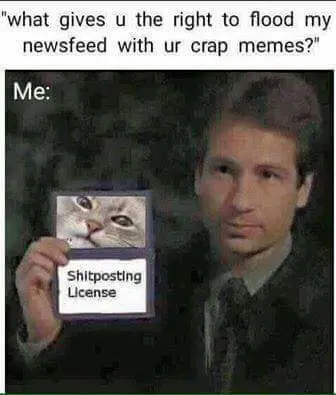 An artifact ridden and overcompressed image of a man labelled "me" holding the mythical "Shitposting License", with the caption "What gives u the right to flood my newsfeed with ur crap memes?"