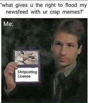 An artifact ridden and overcompressed image of a man labelled &quot;me&quot; holding the mythical &quot;Shitposting License&quot;, with the caption &quot;What gives u the right to flood my newsfeed with ur crap memes?&quot;